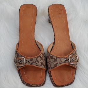 Coach square open toe heels jacquard